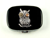 Owl Pill Box Inlaid in Hand Painted Black Enamel Mechanical Gear and Cog Sci-fi Fantasy Inspired with Personalized and Color Options