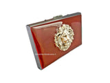 Antique Silver Lions Head Credit Card Wallet with RFID Blocker Hand Painted Black Enamel Neoclassic Leo with Personalized and Color Option