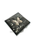 Butterfly Pill Box Inlaid in Hand Painted Black with Silver Swirl Design Enamel Art Nouveau Inspired with Personalized Options Available