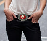 Skull Belt Buckle Inlaid in Black Onyx Enamel with Intricate Brocade Border Etchings Gothic Victorian Other Color Options Available