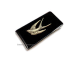 Swallow Money Clip Inlaid in Glossy Black Opaque Enamel Neo Victorian Swopping Bird Design with Personalized and Color Options