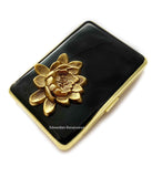 Lotus Gold Cigarette Case in Hand Painted Black Enamel Art Deco Zen Inspired with Custom Engraving and Color Options