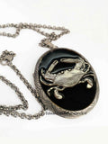 Crab Pill Box Locket Inlaid in Hand Painted Glossy Black Onyx Enamel Cancer Zodiac Necklace Burnished Silver Oval Locket Necklace