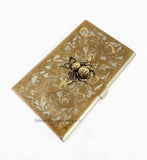 Queen Bee Business Card Case Inlaid in Hand Painted Gold Swirl Design Enamel Neo Victorian Insect with Color and Personalized Options