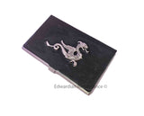Antique Silver Dragon Card Case Inlaid in Hand Painted Metallic Black Enamel Medieval Style with Personalized and Color Options