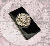 Silver Lion Money Clip Inlaid in Hand Painted Black Enamel Neo Victorian Safari Vintage Style Leo with Personalized and Color Options