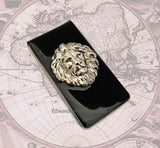 Silver Lion Money Clip Inlaid in Hand Painted Black Ink Swirl Enamel Neo Victorian Vintage Style Leo with Personalized and Color Options