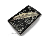 Silver Ravens Feather Metal Cigarette Case Inlaid in Hand Painted Glossy Black Ink Enamel Swirl Design with Personalized and Color Options