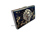 Antique Silver Lions Head Credit Card Wallet RFID Blocker in Hand Painted Black with Gold Swirl Enamel with Color and Personalized Option
