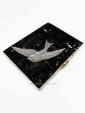 Swallow Cigarette Case in Hand Painted Black Enamel with Silver Splash Neo Victorian Bird Motif with Personalized and Color Options