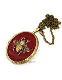 Bee Pill Box Necklace Inlaid in Hand Painted Glossy Ox Blood Enamel Art Nouveau Bee Locket with Personalized and Color Options