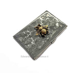 Antique Silver Bee Business Card Case Inlaid Hand Painted Silver Swirl Enamel Art Deco Insect Personalize Engraving and Color Options