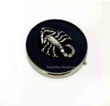 Antique Silver Scorpio Pill Box Inlaid in Hand Painted Glossy Black Enamel Neo Victorian Zodiac Inspired Personalized and Color Options