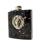 Antique Gold Lion Head Flask in Hand Painted Black Enamel with Gold Splash Design Neo Victorian Leo Custom Colors and Personalized Options