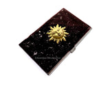 Sun Business Card Case Inlaid in Hand Painted Black with Silver Splash Enamel Celestial Design with Personalized and Color Options
