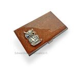Sci fi Owl Business Card Case Inlaid in Hand Painted Copper Enamel Mechanical Owl Metal Wallet Steampunk Gear and Cog Personalized Options