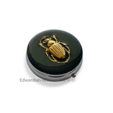 Scarab Pill Box Inlaid in Hand Painted Black Enamel Art Deco Egyptian Beetle Design with Custom Colors and Personalized