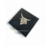 Taurus Pill Box Inlaid in Hand Painted Black Glossy Enamel Square Case Zodiac Ox Design with Custom Colors and Personalized Options