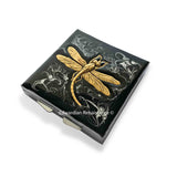 Dragonfly Metal Pill Box Inlaid in Hand Painted Black Enamel with Silver Swirl Art Nouveau Inspired with Personalized and Color Options