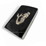 Antique SIlver Mermaid Cigarette Case Inlaid in Hand Painted Glossy Black Enamel Nautical Victorian with Personalized Options