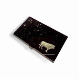 Taurus Business Card Case Inlaid in Hand Painted Black Enamel Zodiac Bull Design Personalized and Custom Color Options Available