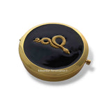 Antique Gold Serpent Pill Box Inlaid in Hand Painted Glossy Black Enamel Vintage Style with a Mirror Personalize and Color Option