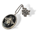 Antique Silver Queen Bee Locket Inlaid in Hand Painted Glossy Black Onyx Enamel  Keepsake Necklace with Personalized and Color Options