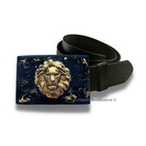 Antique Silver Lions Head Belt Buckle Inlaid in Hand Painted Black Enamel with Gold Swirl Design Neo Victorian Leo with Color Options