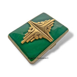 Art Deco Gold Cigarette Case in Hand Painted Emerald Green Enamel Geometric Inspired with Personalized and Color Options