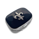 Silver Fleur de Lis Pill Case Inlaid in Hand Painted Glossy Black Enamel Art Nouveau Inspired with Custom Colors and Personalized Options