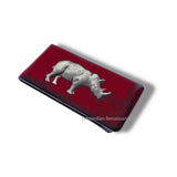 Antique Silver Rhino Money Clip Inlaid in Hand Painted Ox Blood Enamel Neo Victorian Safari Rhinoceros Custom Colors and Personalized Option