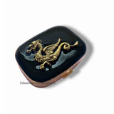 Antique Silver Dragon Pill Box Inlaid in Hand Painted Black Onyx Glossy Enamel Medieval with Personalized and Color Options