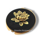 Lotus Compact Mirror Inlaid in Hand Painted Black Enamel Antique Gold Finished Flower with Color and  Personalized Options