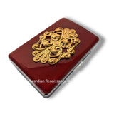 Baroque Style Cigarette Case Inlaid in Hand Painted Ox Blood Opaque  Art Nouveau Inspired Personalize Engraving Options