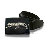 Antique Silver Leopard Belt Buckle Inlaid in Hand Painted Glossy Black Enamel Neo Victorian Safari Inspired Buckle with Color Options