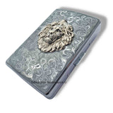 Antique Silver Lion Head Cigarette Case Inlaid in Hand Painted Metallic Silver Swirl Design Enamel Leo Metal Wallet with Personalized Option