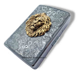 Antique Silver Lion Head Cigarette Case Inlaid in Hand Painted Metallic Silver Swirl Design Enamel Leo Metal Wallet with Personalized Option