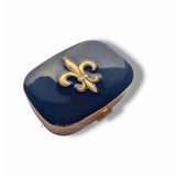 Fleur de Lis Pill Case Inlaid in Hand Painted Glossy Black Enamel Neo Victorian Inspired with Custom Colors and Personalized Options