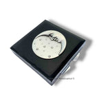 Moon and Stars Pill Box Inlaid in Hand Painted Glossy Black Enamel Art Deco Celestial Inspired with Personalized Options Available