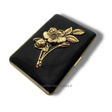 Floral Cigarette Case in Hand Painted Black Enamel Art Nouveau Roses Motif with Custom Engraving and Color Options