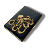 Octopus Cigarette Case in Hand Painted Black Enamel Gothic Victorian Nautical Motif with Custom Engraving and Color Options