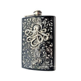 Antique Silver Kraken Flask Inlaid in Hand Painted Enamel Black Ink Swirl Design Neo Victorian Octopus Personalized and Custom Color Options