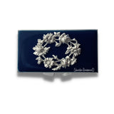 Flowers Pill Box Inlaid in Hand Painted Glossy Black Enamel Art Nouveau Floral Wreath Weekly Pill Case with Personalized and Color Options