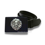 Antique Silver Lions Head Belt Buckle Inlaid in Hand Painted Black Enamel Neo Victorian Leo with Color Options