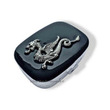 Antique Silver Dragon Pill Box Inlaid in Hand Painted Black Onyx Glossy Enamel Medieval with Personalized and Color Options