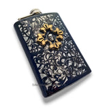 Antique Gold Cross with Skull Flask Inlaid in Hand Painted Black Ink Swirl Enamel 8oz Hip Flask Personalize Engraving and Color Options