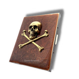 Antique Gold Skull and Crossbones Cigarette Case in Hand Painted Copper Enamel Gothic Punk Design with Personalized and Color Options