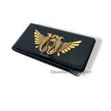 Winged Sun Disc and Serpent Money Clip Inlaid in Hand Painted Gold Enamel Egyptian Art Deco Design with Personalized and Color Options