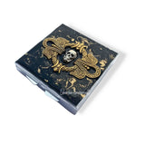 Skull Pill Box Art Nouveau Design Inlaid in Hand Painted Black with Gold Swirl Enamel Vintage Style with Personalized Options Available