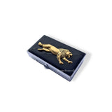 Hunting Lion  Pill Box Inlaid in Hand Painted Black Enamel Vintage Style Safari Inspired Personalized and Color Options